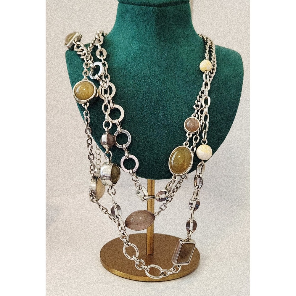 LOFT Silver Tone Multi Strand Layered Necklace Mixed Earth Tone Stones Statement